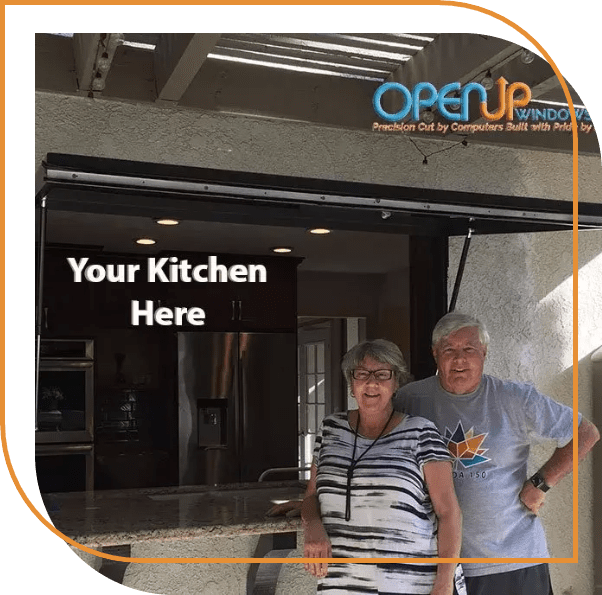 open gas strut kitchen pass-through window with man and woman standing in front of window exterior