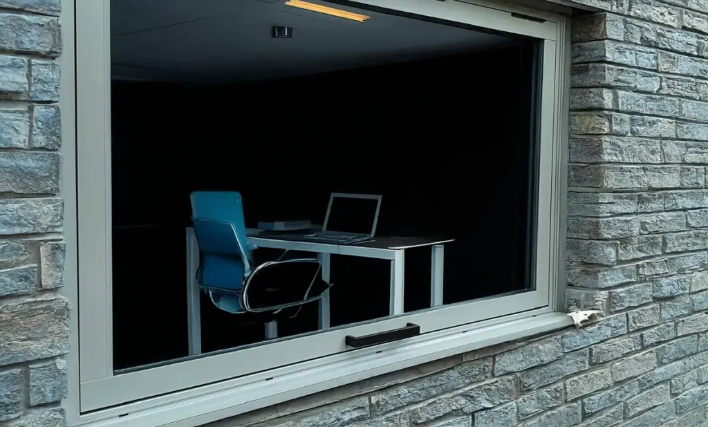 Fully closed kitchen pass-through window securely sealing the indoor kitchen from the outdoor deck.