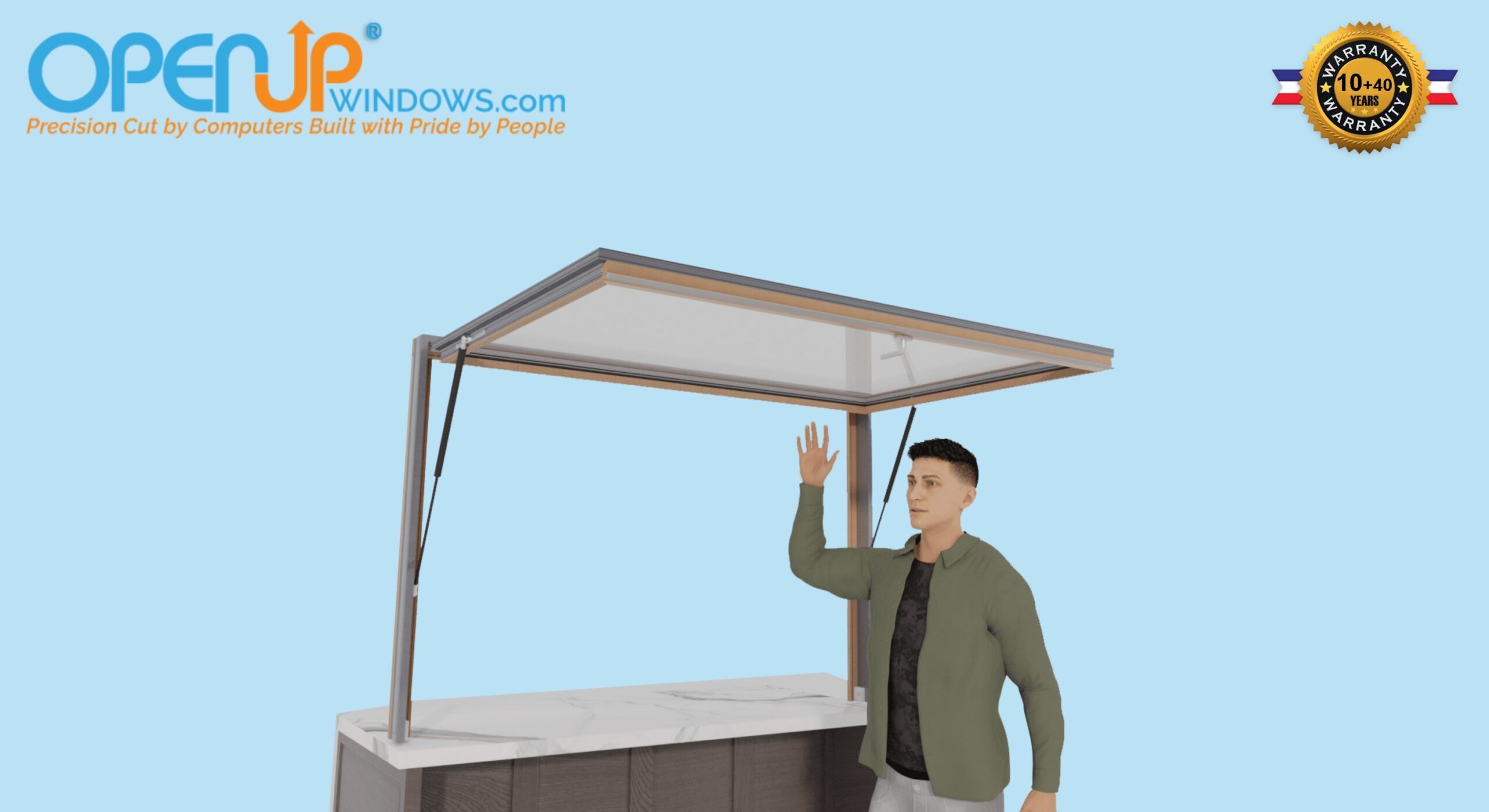 Animated loop of a man effortlessly opening and closing an awning pass-through window over a counter.